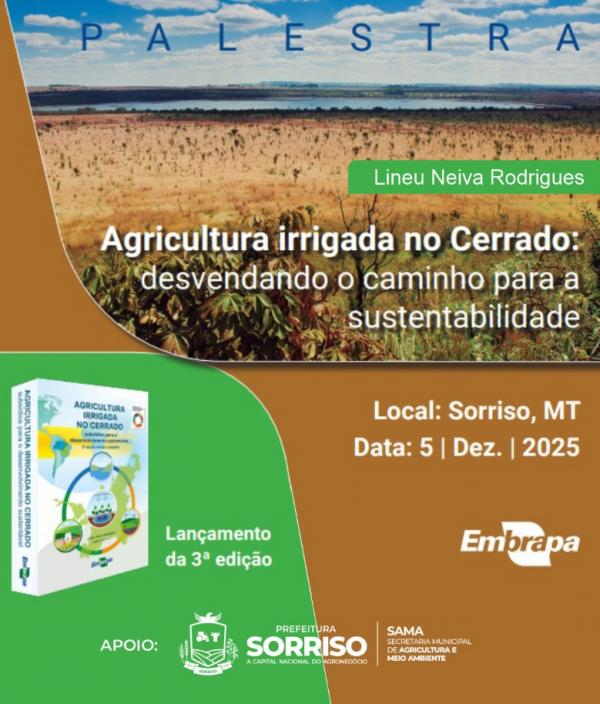 Palestra sobre Agricultura Irrigada no Cerrado será realizada em 5 de dezembro em Sorriso; Embrapa lança nova cartilha